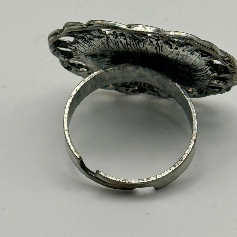 Vintage Silver Tone Faux Turquoise Adjustable Statement Ring Boho Southwestern